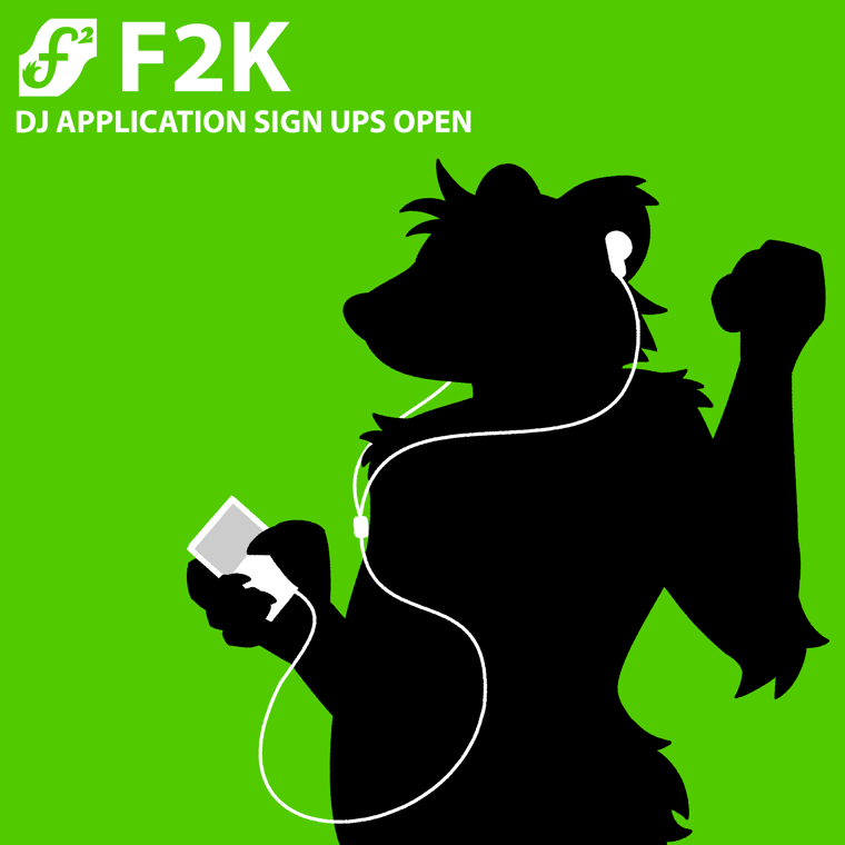 [id: digital illustration in the style of the classic iPod ads by Apple. An anthropomorphic ferret is silhouetted in black over a green background. They have wired earbuds in their ears attached to an iPod in their hand silhouetted in white. The ferret is in a pose that suggests dancing. The top right corner has the FurSquared logo and text that reads "F2K DJ application sign ups open" /end id]