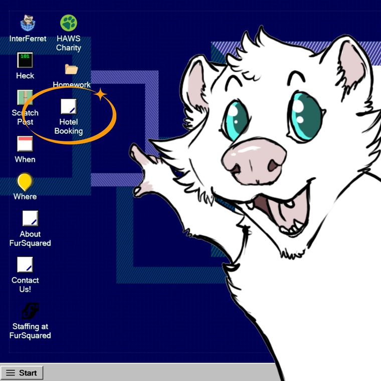 [id: image of a white anthro ferret pointing at the Fursquared website home page. The app is circled and reads "Hotel Booking". Other apps include "InterFerret", "HAWS Charity", "Heck", "Homework", "Scratch Post", "When", "Where", "About FurSquared", "Contact Us!", & "Staffing at FurSquared" /end id]
